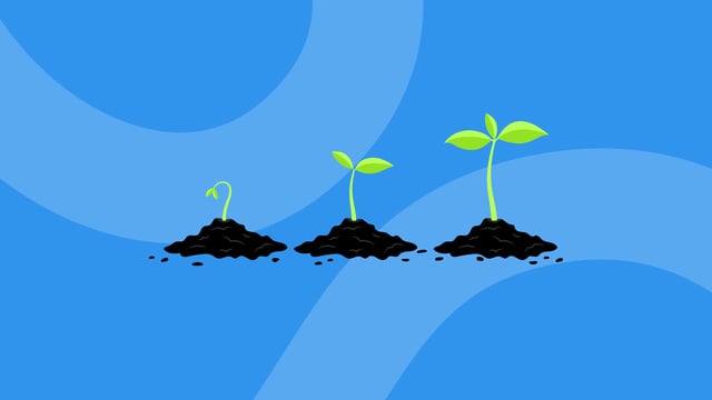 Graphic with a blue background showing three plant sprouts at different growth stages, symbolizing employee development and appreciation.