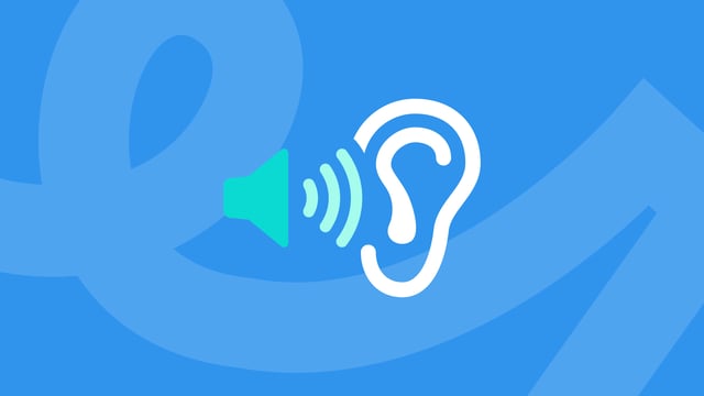 A stylized illustration on a blue background depicts a teal-colored speaker emitting sound waves towards a white outline of a human ear.