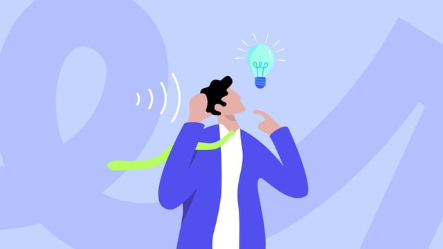 A stylized illustration on a light blue background depicts a person with dark hair wearing a blue jacket, white shirt, and a loose green tie, holding a phone to their ear and looking thoughtful with a finger to their chin.