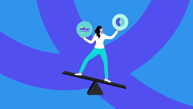 A stylized illustration on a blue and purple background shows a woman standing on a seesaw, attempting to balance a clock icon (representing flexibility or time) in one hand and a running shoe icon (representing productivity or work) in the other.