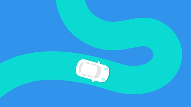 A top-down view of a white car driving on a winding teal road against a blue background.