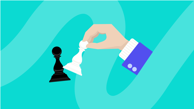 Close-up of a hand holding a white knight chess piece about to move, symbolizing strategic planning for company-wide employee recognition on a teal background.