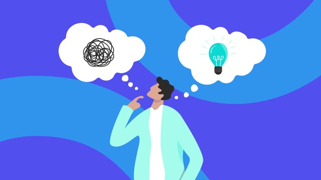 A man in a blue jacket with his hand on his chin, looking up in thought. Two thought bubbles are above his head: one with a black scribbled knot, and the other with a glowing turquoise lightbulb