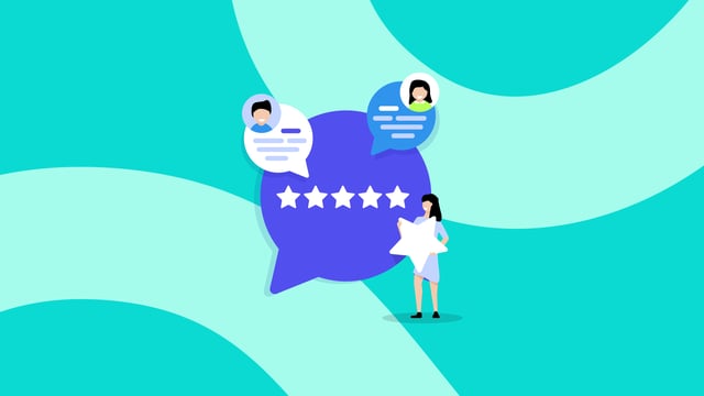A stylized illustration on a teal and light teal background shows a woman holding a large white star next to a large purple speech bubble containing five white stars. Two smaller speech bubbles with profile icons and chat bubbles float above.