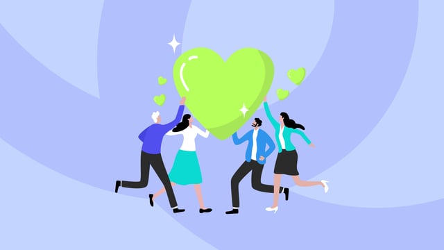 Four stylized people are depicted on a light blue and purple background, running and working together to hold up a large, glowing green heart. Two smaller hearts float above the group.