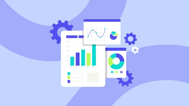 A stylized illustration on a light blue and purple background shows various data visualizations. A large vertical bar chart is in the foreground, with a line graph and a donut chart overlaying it. Three purple and white gears are positioned around the charts, suggesting analysis and data mechanics.