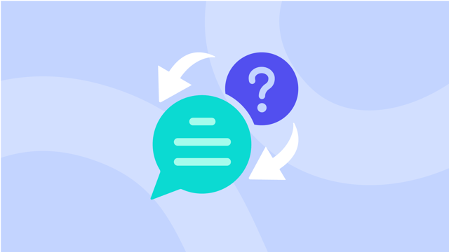 Abstract graphic with speech bubbles, arrows, and a question mark on a blue background.