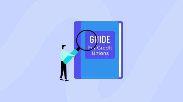 An illustrated figure holds a magnifying glass over a book titled 'Guide for Credit Unions.'