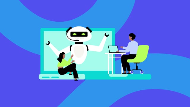 A stylized illustration on a blue and purple background depicts two people interacting with a large white robot that has a headset. The robot appears to be emerging from a large screen.