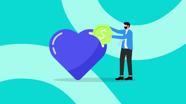 An illustration of a man in a blue jacket putting a large green dollar coin into a large purple heart. The background is an abstract pattern of teal and light green.