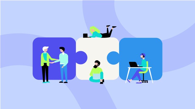 Four illustrated people interact with large puzzle pieces, suggesting teamwork and collaboration in a business context.