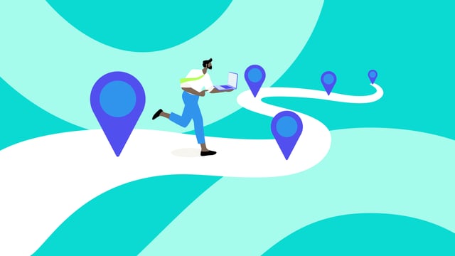 A stylized illustration on a teal background depicts a person running on a winding white path while holding a laptop. Several purple location pins are placed along the path.