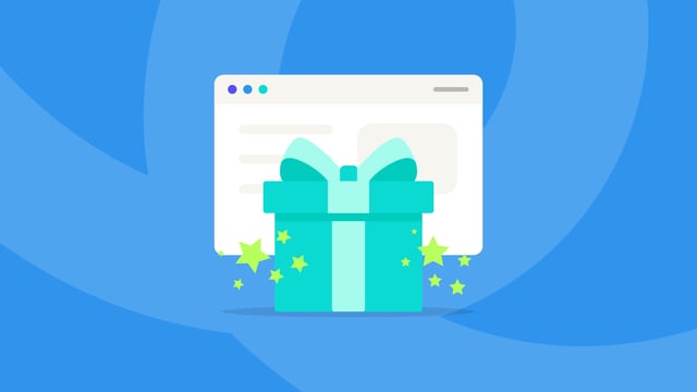 Stylized illustration on a blue background shows a teal gift box with a light blue ribbon, sparkling with green and yellow stars. A white browser window interface floats behind the gift box.
