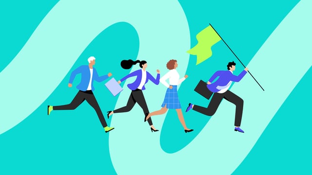 Four stylized figures run energetically across a light teal wavy path on a teal background. The figure in the lead holds a bright green flag, followed by others carrying a light purple folder, a white paper, and a black briefcase.