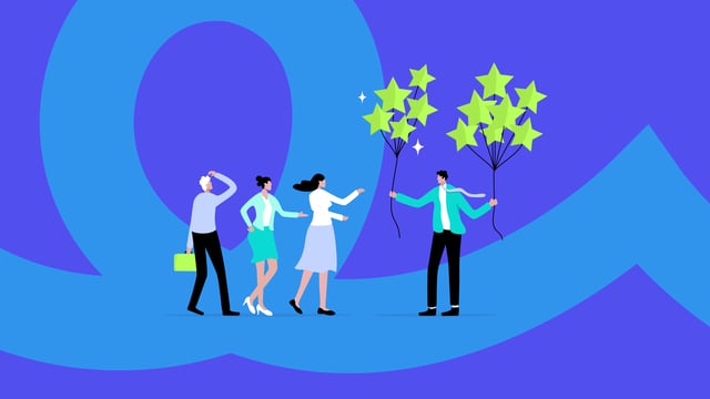 Four stylized people are depicted on a blue and purple background with abstract shapes. One person holds a lime green briefcase, another holds lime green star-shaped balloons, and two individuals walk in between them.