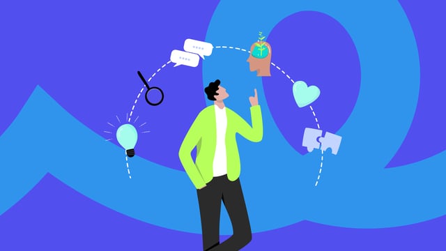 An illustration of a person in a green jacket considering various concepts represented by floating icons, including a lightbulb, speech bubbles, a heart, and a puzzle piece, against a blue background.