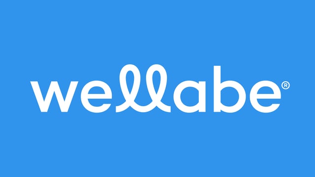 The Wellabe logo features the company name in white, lowercase letters with a stylized 'l' resembling a ribbon, all set against a vibrant blue background.