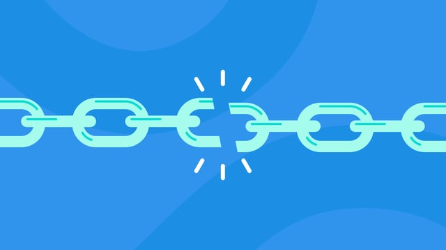 A broken link in a teal chain is highlighted by white light bursts on a blue background. The broken link signifies a missing connection or element.