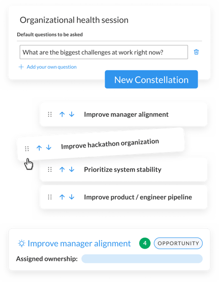 Constellation's ranking view showing employee-voted priorities like Improve Manager Alignment with assigned ownership.