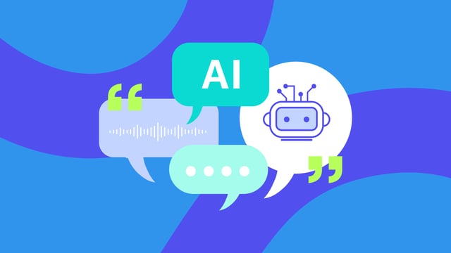 Illustration of AI-powered employee feedback system with speech bubbles, robot chatbot icon, and communication elements on gradient background
