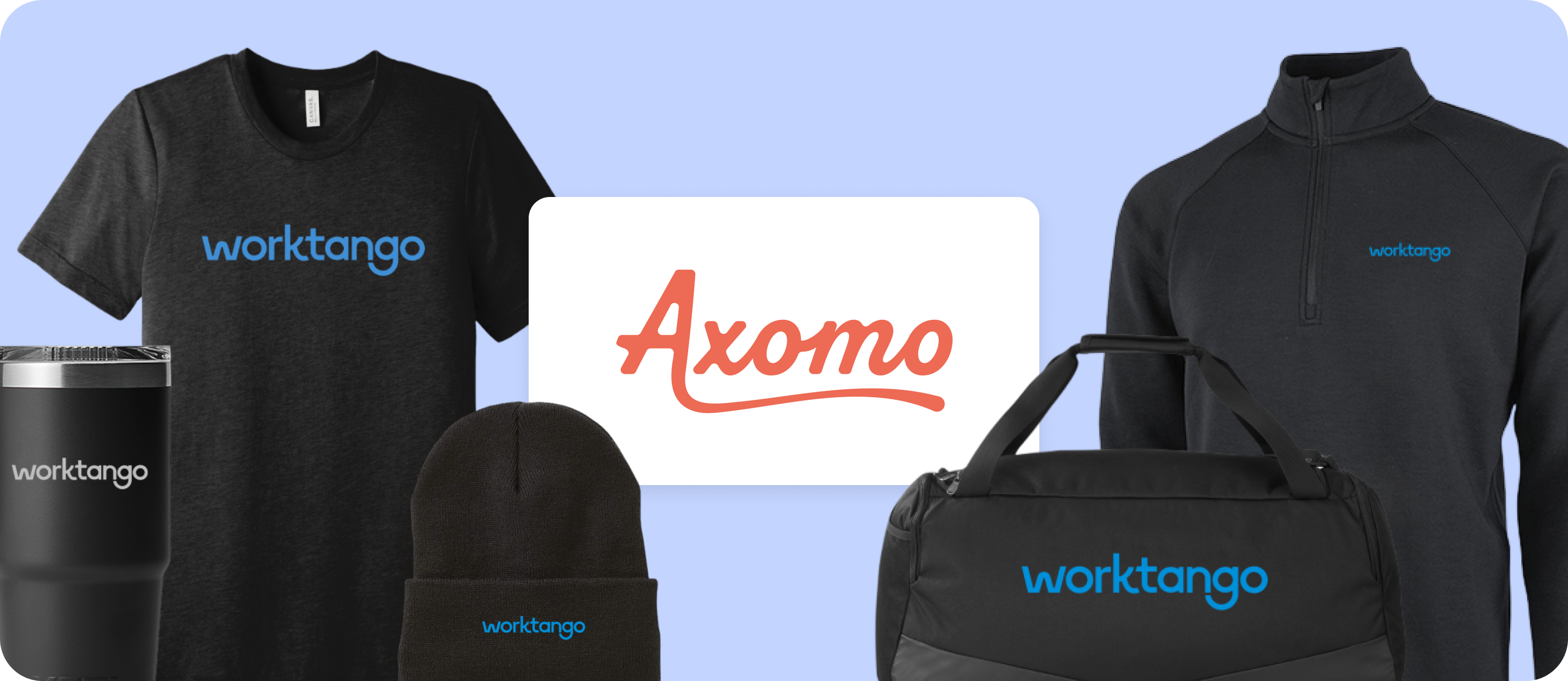 WorkTango branded employee recognition swag items powered by Axomo, including a t-shirt, quarter-zip pullover, beanie, duffel bag, and tumbler — showcasing tangible rewards and company-branded merchandise for employee appreciation programs.