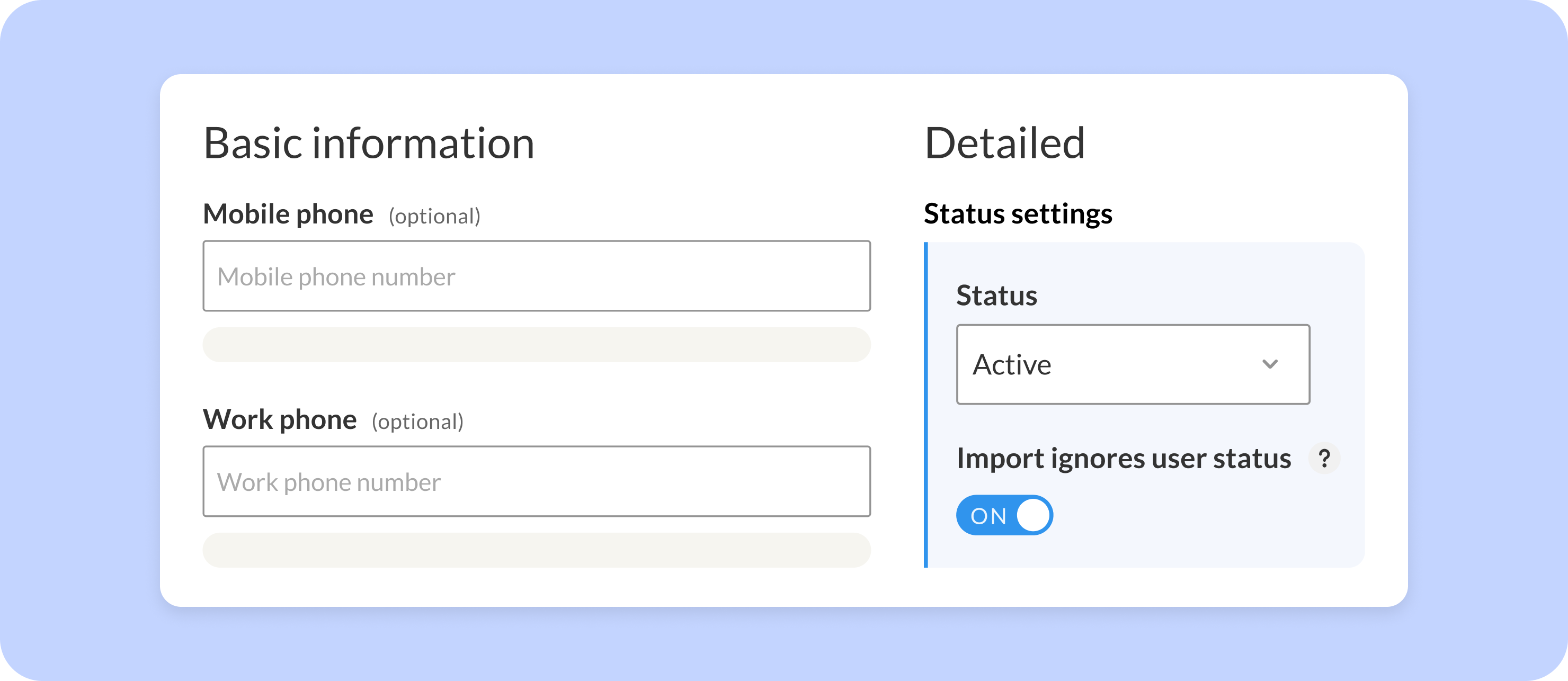 WorkTango HR admin user profile settings panel showing basic information fields, status settings set to Active, and an "Import ignores user status" toggle switched ON allowing administrators to protect placeholder accounts from being overwritten during automated nightly user sync imports.