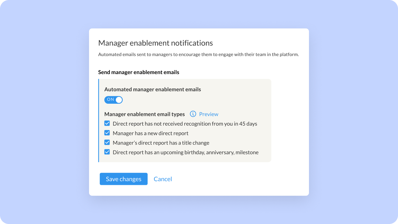 WorkTango platform showing manager enablement notification settings with automated email triggers for recognition gaps and team milestones