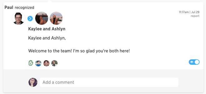 CEO recognizing two new employees on the Kazoo platform