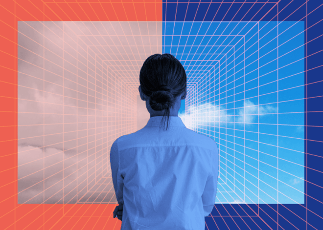 A person in a blue shirt faces a digital grid with one side red and cloudy, and the other blue and brights.