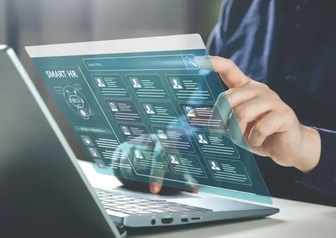 Illustration of a SMART HR interface on a laptop screen showing employee profiles and organizational data.