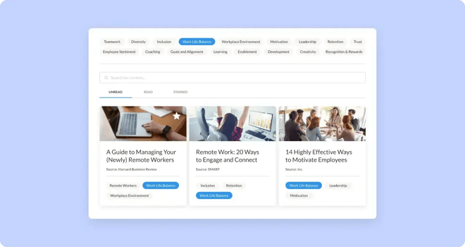 WorkTango Learning Coach with filters for topics like work-life balance, motivation, and leadership, showcasing guides and articles for remote work.