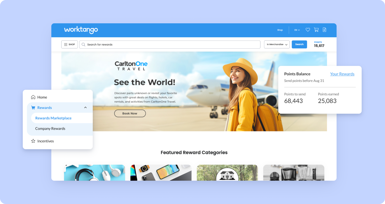 WorkTango rewards marketplace showing employee points balance and featured reward categories including travel, merchandise, and experiences