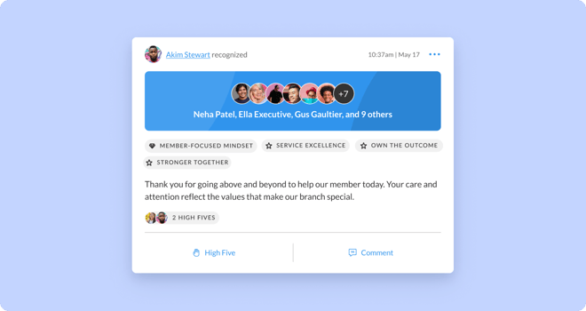 A recognition post from an employee recognizing Neha Patel, Ella Executive, Gus Gaultier, and 9 others for going 