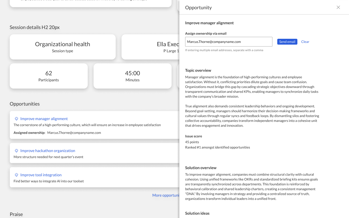 Screenshot of a Constellation session summary, listing ranked opportunities with an expanded solution overview and assigned owner.