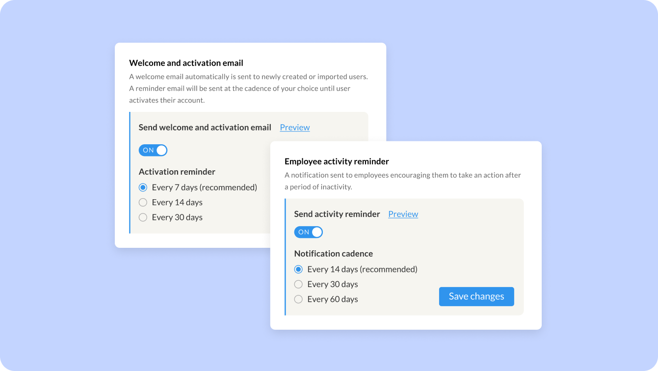 Settings to enable welcome, activation, and activity reminder emails.