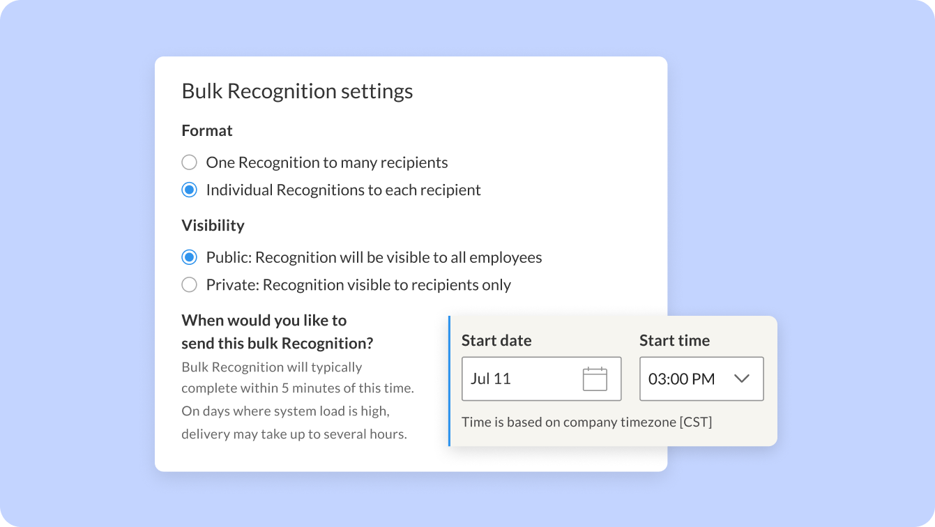 Settings for sending a Bulk Recognition in the WorkTango Recognition & Rewards platform.