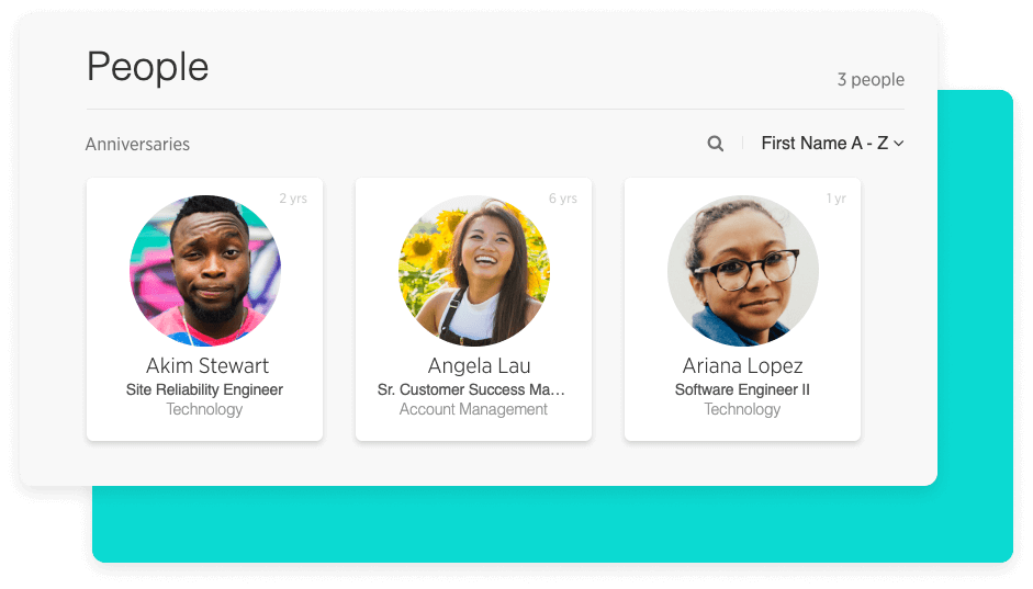Anniversaries highlighted in WorkTango's People Directory.