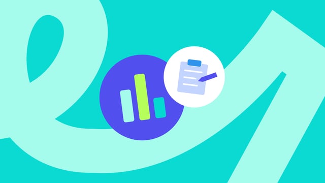 Graphic with a teal background featuring a bar chart icon and a clipboard icon, symbolizing employee experience metrics, with abstract shapes surrounding them.