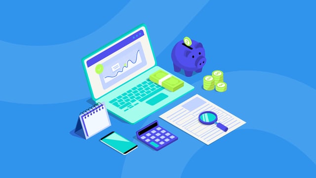Laptop with money, calculator, phone, calendar, piggy bank, and more around it.