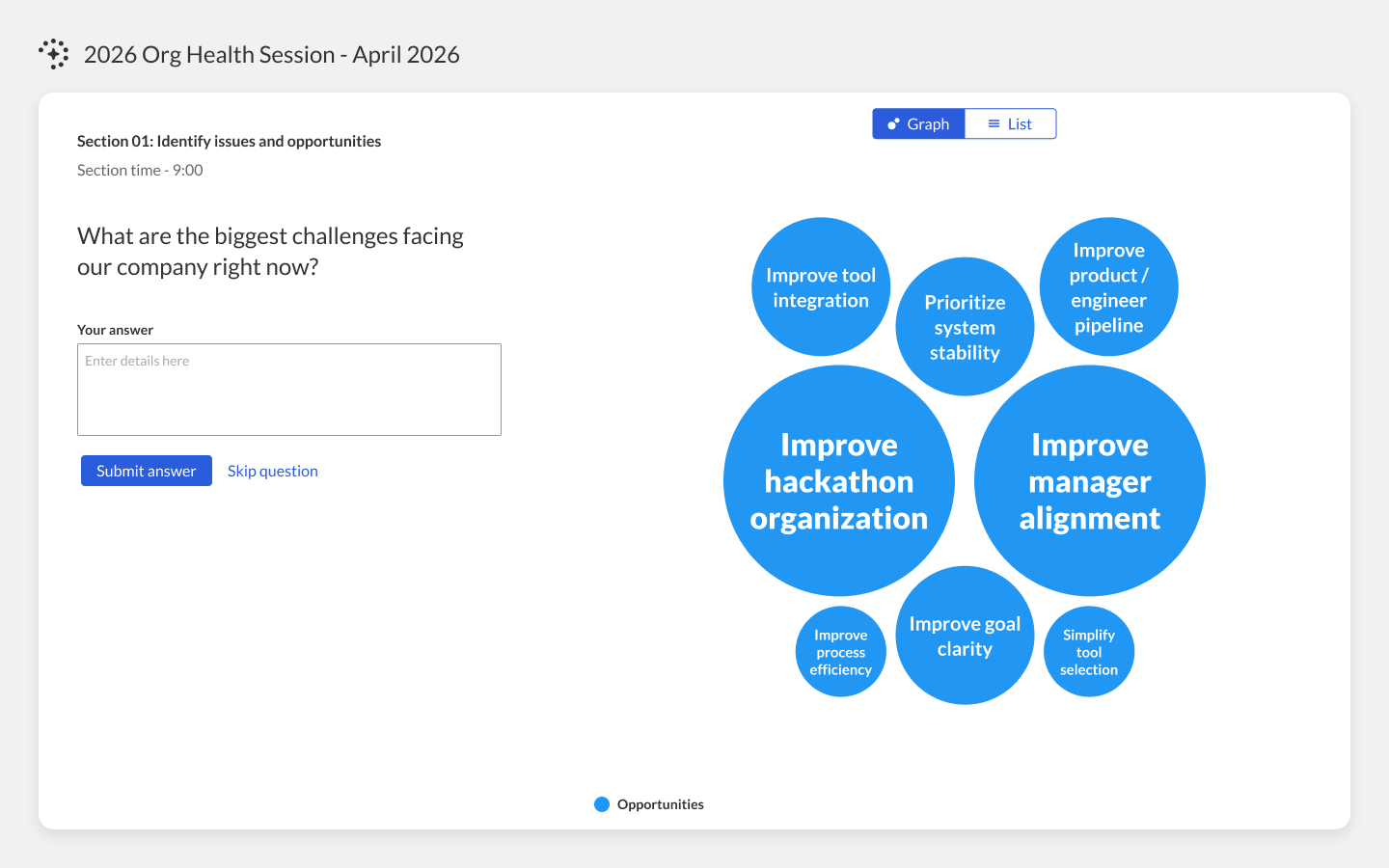 Constellation session interface showing a live question and real-time opportunity clusters like Improve Manager Alignment.