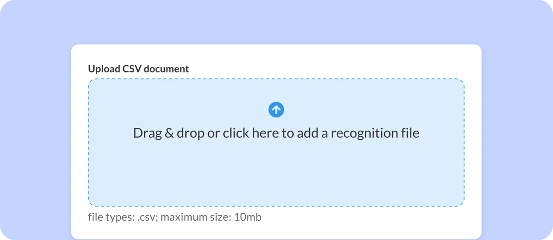 WorkTango bulk Recognition Upload feature showing CSV import for sending employee recognition at scale, supporting multiple recipients, point values, and custom messages in a single upload.