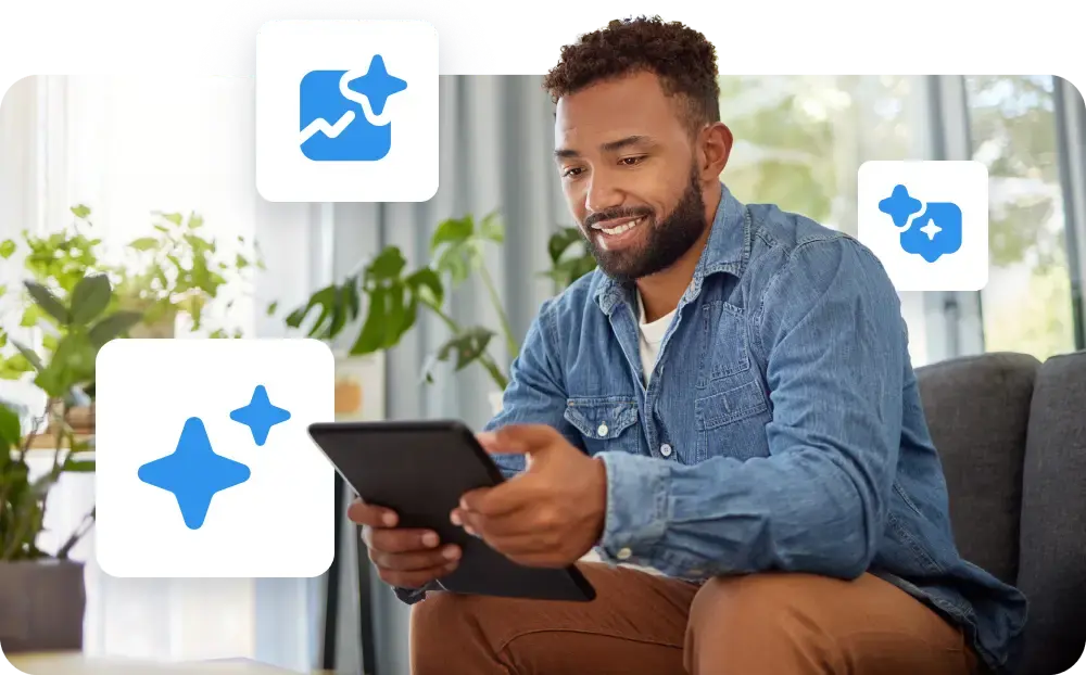 Man smiling while using a tablet on a couch, surrounded by floating icons representing data and insights, with houseplants in the background.
