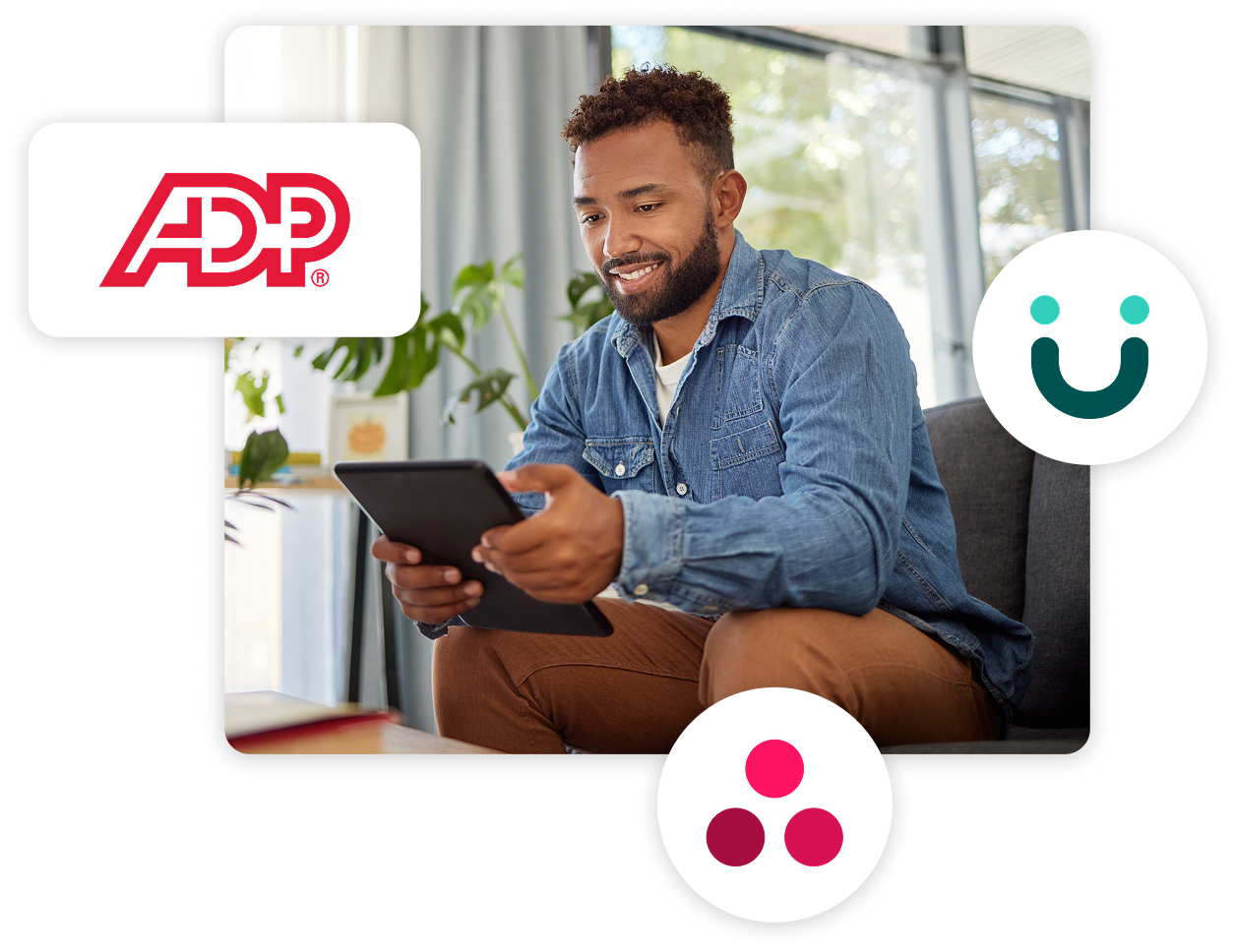 A smiling man with a beard and a denim shirt sits on a grey couch, looking at a tablet. The ADP logo is in the upper left, and a white circle with a green smiling face and another white circle with three red dots are also visible