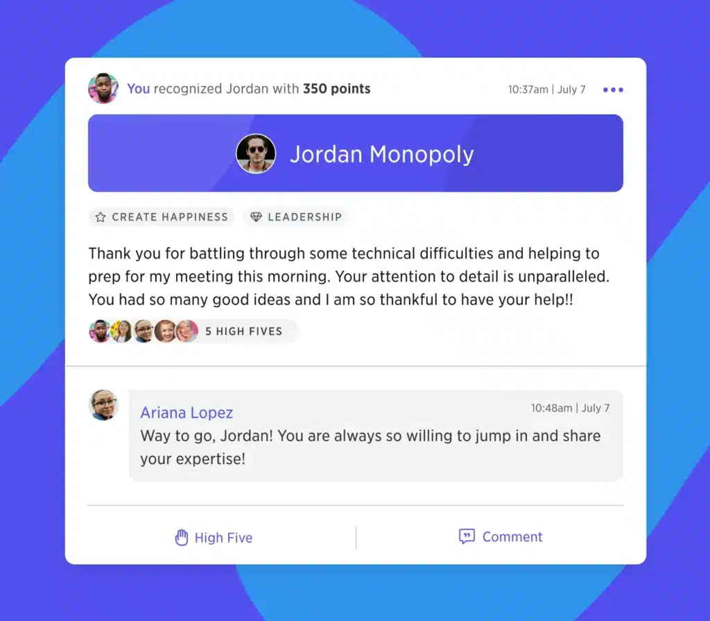 A screenshot of a recognition sent to Jordon Monopoly using WorkTango's Employee Recognition & Rewards Platform. The recognition has received 5 high fives and one comment cheering on Jordan.