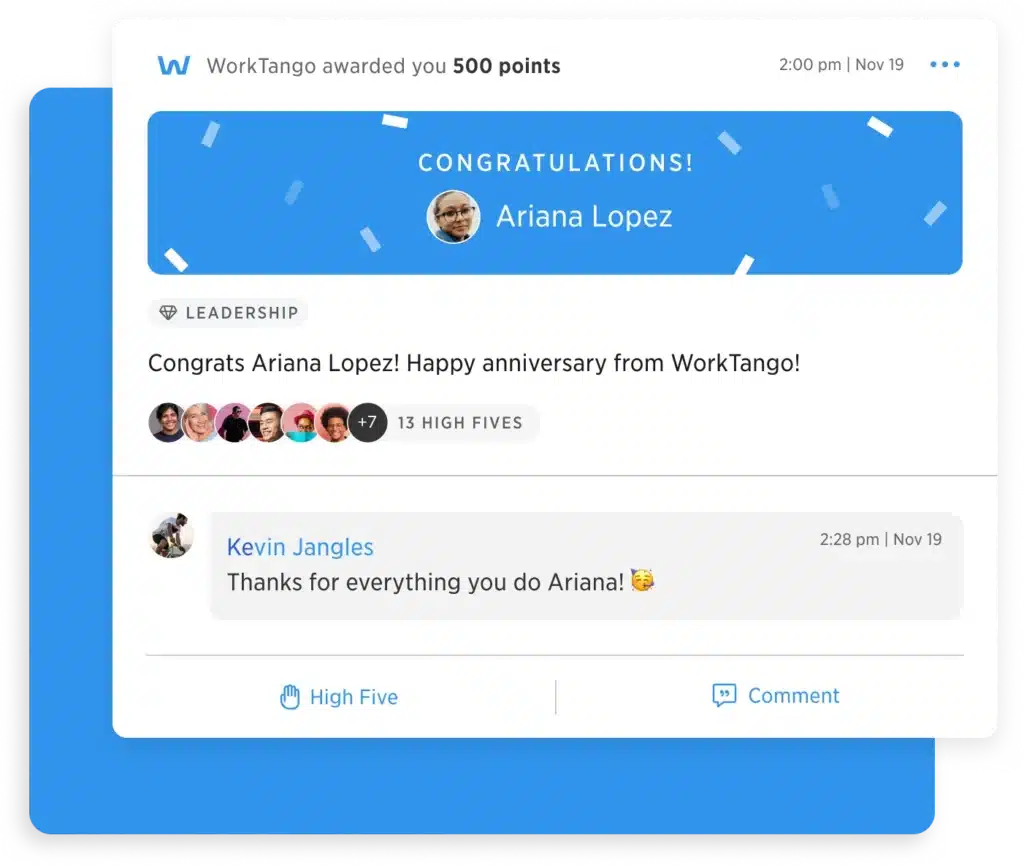 Screenshot of a milestone award sent via WorkTango's Employee Recognition & Rewards Platform.