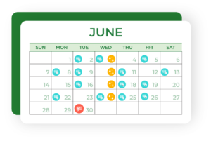 Calendar view of continuous performance management, demonstrating frequency of check-ins, sync-ups and feedback