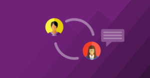 How to give your boss feedback -- two people icons on purple background with speech bubble