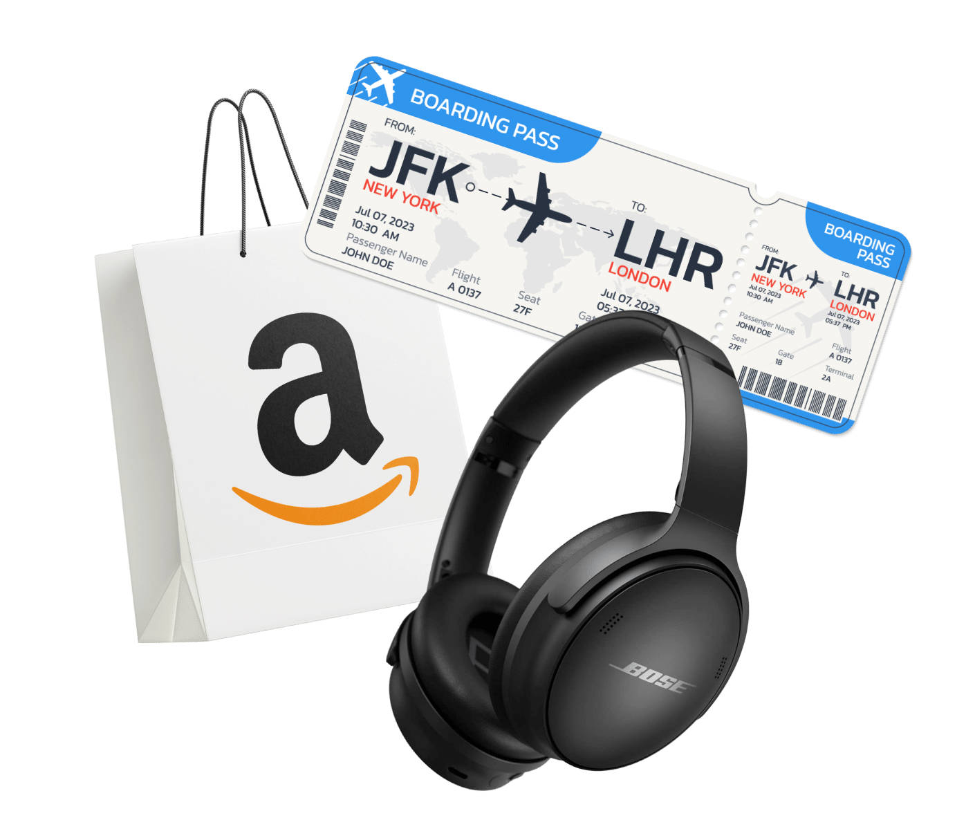 Amazon bag, boarding pass for a flight to London, and Bose headphones.